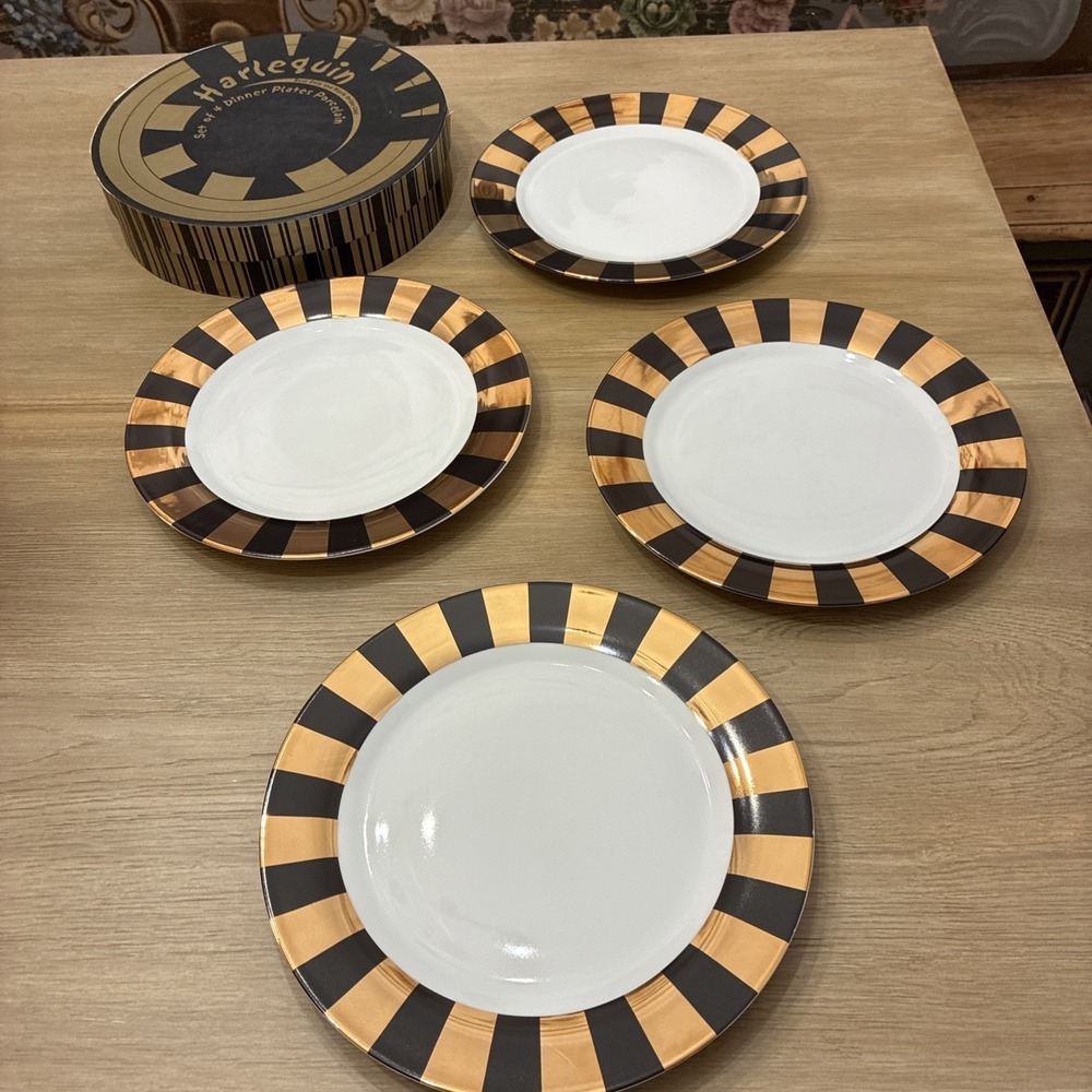 I. Godinger Co HARLEQUIN 4 Dinner Plates Porcelain Gold Black Stripe Boxed Set 1